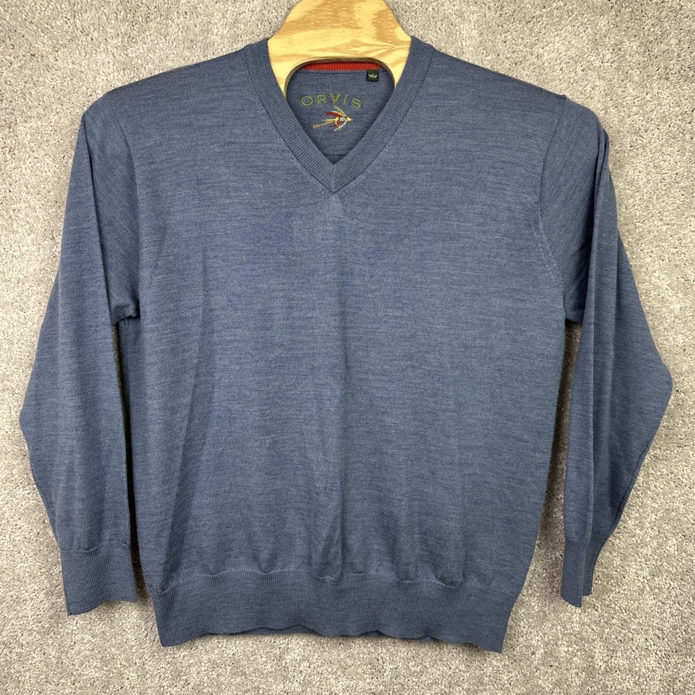 ORVIS 100% Merino‎ Wool Blue V-Neck Sweater Men's Size Large